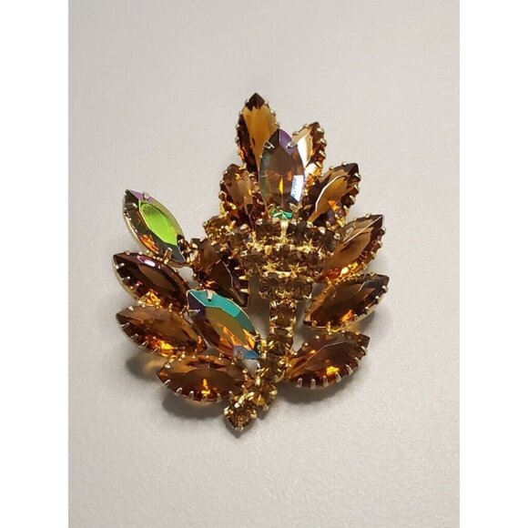 Vintage Brooch Smokey Topaz Amber AB Aurora Borealis Brooch Pin 2.25 Inches - Picture 1 of 10